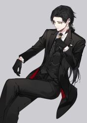 Rule 34 | 1boy, black gloves, black hair, black jacket, black necktie, black pants, black vest, brown eyes, closed mouth, commentary request, crossed legs, earrings, formal, from above, gloves, highres, jacket, jewelry, long hair, looking away, male focus, mochizuki shiina, necktie, open clothes, open jacket, original, pants, parted bangs, sitting, solo, suit, very long hair, vest