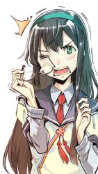 Rule 34 | &gt; o, 10s, 1girl, ^^^, accident, black hair, blouse, eye picking, failure, glasses, green eyes, hairband, kantai collection, long hair, looking at viewer, necktie, nonco, one eye closed, ooyodo (kancolle), open mouth, poking, rectangular mouth, shirt, simple background, solo, trembling, white shirt, wince
