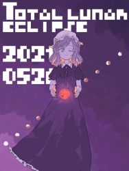 Rule 34 | 1girl, blonde hair, blue eyes, collared dress, dress, eclipse, english text, hat, jpeg artifacts, maribel hearn, mob cap, moon, moon phases, nama udon, purple dress, purple hair, purple theme, red moon, split mouth, touhou