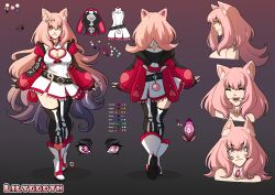 Rule 34 | 1girl, absurdres, animal ear fluff, animal ear hood, animal ears, belt, black belt, black thighhighs, bone print, breasts, cat ears, character name, character sheet, cleavage, cleavage cutout, clothing cutout, commentary, dress, english commentary, extra eyes, fake animal ears, heart cutout, heterochromia, high heels, highres, hood, hoodie, indie virtual youtuber, kinkymation, large breasts, lilyggoth, long hair, mole, mole under mouth, multiple views, original, pink eyes, pink hair, thighhighs, very long hair, white dress