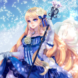 Rule 34 | 1girl, blonde hair, blue dress, blue eyes, bow, diamond (gemstone), dress, earrings, flower, gem, gloves, gown, hair flower, hair ornament, haruci, jewelry, long hair, multicolored eyes, necklace, original, pink eyes, princess, ribbon, rose, scepter, smile, solo, sparkle, striped clothes, striped dress, tiara, vertical stripes, white flower, white gloves, white rose
