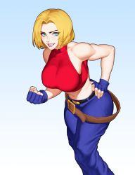 Rule 34 | 1girl, absurdres, bare shoulders, belt, belt buckle, blonde hair, blue eyes, blue mary, breasts, buckle, fatal fury, feet out of frame, fingerless gloves, from above, gloves, hair intakes, halterneck, highres, large breasts, midriff, muscular, muscular female, pants, parted bangs, shirt, short hair, simple background, solo, standing, stomach, taut clothes, taut shirt, the king of fighters, white background, zelus