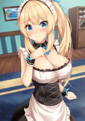 Rule 34 | 1girl, absurdres, alternate costume, amagi korona, apron, blonde hair, blush, breasts, cleavage, closed mouth, commentary, corset, cowboy shot, curled fingers, detached collar, dot nose, enmaided, frills, green eyes, hand on own chest, highres, indoors, large breasts, looking at viewer, maid, maid apron, maid headdress, mirai akari, mirai akari project, ponytail, shadow, sidelocks, solo, split mouth, virtual youtuber, white apron, wooden floor, wrist cuffs