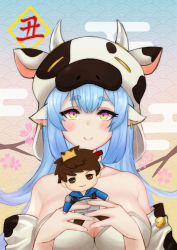 Rule 34 | 1girl, absurdres, animal print, blue hair, breasts, character doll, cleavage, commentary request, cow hood, cow print, detached sleeves, doll, draph, gran (granblue fantasy), granblue fantasy, highres, holding, holding doll, large breasts, looking at viewer, samgo, catura (granblue fantasy), solo, upper body, yellow eyes