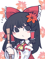 Rule 34 | 1girl, ascot, bare shoulders, black eyes, black hair, blush stickers, bow, chahan (fried rice0614), closed mouth, detached sleeves, hair bow, hair tubes, hakurei reimu, highres, japanese clothes, long hair, nontraditional miko, one-hour drawing challenge, red bow, ribbon-trimmed sleeves, ribbon trim, sidelocks, solo, touhou, upper body, white background, white sleeves, wide sleeves, yellow ascot