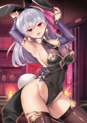 Rule 34 | 1girl, animal ears, armpits, arms up, bare shoulders, black leotard, black necktie, blush, breasts, clothing cutout, cross-laced clothes, cross-laced cutout, detached sleeves, earrings, fate/grand order, fate (series), hair between eyes, hair ribbon, halterneck, highleg, highleg leotard, hip focus, jewelry, kama (fate), kama (second ascension) (fate), large breasts, leotard, long hair, looking at viewer, necktie, rabbit ears, red eyes, ribbon, ring, silver hair, solo, thighhighs, thighs, tyone