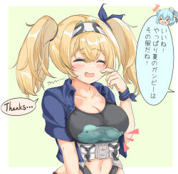 Rule 34 | 2girls, absurdres, black shirt, blonde hair, blue jacket, blue wristband, breasts, cleavage, closed eyes, commentary request, gambier bay (kancolle), gambier bay mk ii (kancolle), hairband, head only, highres, jacket, kantai collection, kasashi (kasasi008), large breasts, long hair, multiple girls, navel, samuel b. roberts (kancolle), shirt, simple background, solo focus, t-shirt, translation request, twintails, upper body, white background