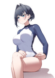 Rule 34 | 1girl, absurdres, adjusting clothes, adjusting swimsuit, black hair, blue eyes, blush, breasts, closed mouth, commentary, crossed legs, english commentary, erezu, feet out of frame, hair intakes, highres, hololive, hololive english, large breasts, long sleeves, looking afar, looking ahead, ouro kronii, raglan sleeves, rash guard, shadow, short hair, simple background, sitting, skin tight, solo, split mouth, swimsuit, virtual youtuber, white background