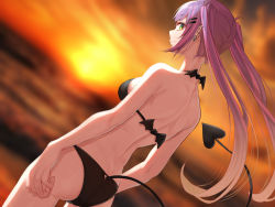 Rule 34 | 1girl, ass, back, barbell piercing, bare shoulders, bat (animal), bikini, black bikini, blonde hair, blurry, blurry background, breasts, clothing cutout, ear piercing, gradient hair, green eyes, hair ornament, hairclip, halterneck, hat, hololive, industrial piercing, long hair, looking at viewer, looking back, mikan (chipstar182), multicolored hair, multiple piercings, outdoors, piercing, pink hair, pointy ears, purple hair, shoulder blades, small breasts, smile, solo, sunset, swimsuit, tail, tail through clothes, tokoyami towa, twintails, virtual youtuber