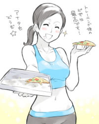 Rule 34 | 1girl, agemono, blush, breasts, closed eyes, clothes writing, colored skin, eating, food, food on face, grey hair, incoming food, long hair, medium breasts, midriff, navel, nintendo, open mouth, outstretched arm, pants, pizza, pizza box, ponytail, pov, short hair, simple background, smile, solo, sparkle, standing, super smash bros., tank top, translated, white background, white skin, wii fit, wii fit trainer, wii fit trainer (female)