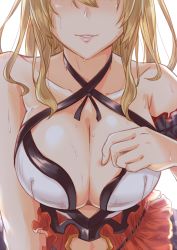 Rule 34 | 10s, 1girl, bare shoulders, blonde hair, blush, breasts, cleavage, collarbone, criss-cross halter, dress, gachou, granblue fantasy, halterneck, halterneck, head out of frame, large breasts, leaning forward, long hair, looking at viewer, parted lips, presenting, sidelocks, smile, solo, upper body, vira (granblue fantasy), white background