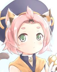 Rule 34 | 1girl, :&lt;, animal ear fluff, animal ears, baigao, bangs pinned back, cat ears, cat girl, child, chinese commentary, commentary request, diona (genshin impact), genshin impact, green eyes, hands up, hat, highres, looking at viewer, pink hair, portrait, short eyebrows, short hair, simple background, solo, tail, thick eyebrows, white background