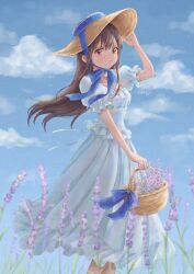 Rule 34 | 1girl, absurdres, arm up, basket, blue bow, blue sky, blurry, blurry foreground, bow, breasts, brown hair, brown hat, cleavage, cloud, cloudy sky, collarbone, commentary request, day, depth of field, dress, feet out of frame, flower, frilled dress, frills, hair between eyes, hand on headwear, hat, highres, holding, holding basket, isshokuitaru, lavender (flower), looking at viewer, original, outdoors, parted lips, puffy short sleeves, puffy sleeves, purple flower, red eyes, short sleeves, signature, sky, small breasts, solo, standing, sun hat, white dress