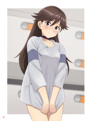 Rule 34 | 1girl, absurdres, alternate costume, blush, border, breasts, brown hair, closed mouth, commentary request, commission, evangelion: 3.0 you can (not) redo, highres, indoors, long hair, long sleeves, looking at viewer, medium breasts, nao suke, neon genesis evangelion, nervous, no pants, pixiv commission, rebuild of evangelion, role reversal, shirt, small breasts, solo, suzuhara sakura, white border, white shirt
