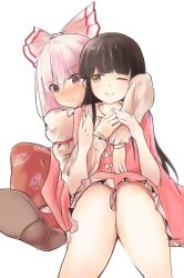 Rule 34 | 2girls, ;), black hair, blunt bangs, blush, bow, embarrassed, feet out of frame, fujiwara no mokou, ginnkei, hair bow, highres, houraisan kaguya, hug, hug from behind, knees together feet apart, long hair, long sleeves, looking at another, looking to the side, multiple girls, one eye closed, red eyes, shirt, simple background, sitting, smile, touhou, very long hair, white background, yuri