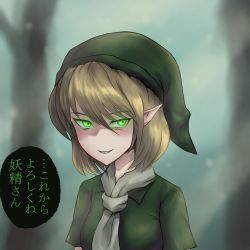 Rule 34 | 1girl, absurdres, blonde hair, blurry, blurry background, breasts, commentary request, cosplay, glowing, glowing eyes, green eyes, green headwear, green tunic, grin, hair between eyes, highres, link, link (cosplay), looking at viewer, medium breasts, mizuhashi parsee, nanajusou, nintendo, pointy ears, scarf, shaded face, short hair, smile, solo, the legend of zelda, the legend of zelda: ocarina of time, touhou, translation request, tree, upper body, white scarf