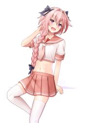 Rule 34 | 1boy, :d, androgynous, arm support, astolfo (fate), astolfo (sailor paladin) (fate), black bow, bow, braid, braided ponytail, collarbone, crop top, crossdressing, fate/apocrypha, fate (series), hair bow, hair over shoulder, hand in own hair, ittokyu, leaning back, long hair, looking at viewer, male focus, midriff, miniskirt, navel, official alternate costume, open mouth, pink hair, pink sailor collar, pink skirt, pleated skirt, purple eyes, sailor collar, school uniform, serafuku, shirt, short sleeves, single braid, skirt, smile, solo, stomach, thighhighs, trap, very long hair, white shirt, white thighhighs, zettai ryouiki