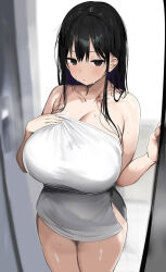 1girl black_eyes black_hair blurry blurry_background breasts cleavage collarbone commentary_request highres huge_breasts looking_at_viewer naked_towel original rouka_(akatyann) solo standing thighs towel wet