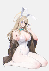 Rule 34 | adjusting eyewear, akane (blue archive), akane (bunny) (blue archive), animal ears, blonde hair, blue archive, bobobong, breasts, cleavage, covered erect nipples, curvy, fake animal ears, full body, glasses, gloves, half gloves, halo, highres, large breasts, leotard, long hair, looking at viewer, open clothes, pantyhose, playboy bunny, rabbit ears, see-through, simple background, sitting, white background, white leotard, white pantyhose, yokozuwari