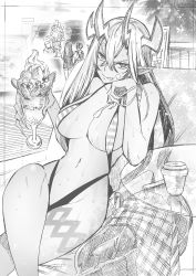 Rule 34 | 1girl, absurdres, bare shoulders, breasts, cleavage, dark-skinned female, dark skin, eyeliner, fate/grand order, fate (series), food, greyscale, hair between eyes, highres, horns, ibuki douji (fate), ice cream, kojima takeshi, large breasts, long hair, looking at viewer, makeup, monochrome, navel, oni, oni horns, pointy ears, sidelocks, sitting, slingshot swimsuit, solo focus, swimsuit, tail, tongue, tongue out