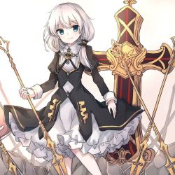 Rule 34 | 1girl, artist request, bad link, black dress, blue eyes, closed mouth, cross (weapon), dress, holding, holding polearm, holding weapon, honkai (series), honkai impact 3rd, long hair, long sleeves, looking at viewer, nun, polearm, side ponytail, smile, solo, spear, theresa apocalypse, theresa apocalypse (valkyrie pledge), weapon, white hair