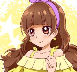 Rule 34 | 1girl, absurdres, alternate eye color, amanogawa kirara, bad id, bad pixiv id, bare shoulders, blush, brown eyes, brown hair, clenched hand, closed mouth, collarbone, earrings, eyelashes, go! princess precure, hairband, highres, jewelry, long hair, precure, ribbon, sharumon, smile, solo, star (symbol), star earrings, starry background, twintails, upper body, yellow background