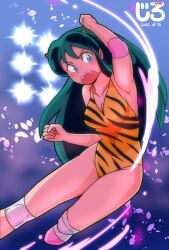 Rule 34 | 1girl, alternate costume, animal print, arm up, artist logo, blue background, blue eyes, collarbone, cone horns, dated, fangs, gradient background, green hair, highres, horns, jirohhb, long hair, lum, one-piece swimsuit, open mouth, pointy ears, purple background, solo, striped clothes, striped one-piece swimsuit, swimsuit, teeth, tiger print, upper teeth only, urusei yatsura, yellow one-piece swimsuit