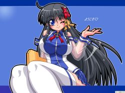 Rule 34 | 1girl, black hair, blue eyes, blue skirt, blush, breasts, detached sleeves, great magami, hair ornament, heart, highres, large breasts, long hair, one eye closed, os-tan, see-through, see-through sleeves, skirt, smile, solo, thighhighs, wink, xp-tan
