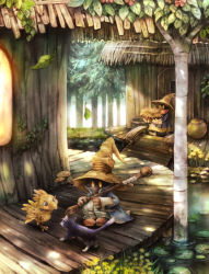 Rule 34 | black mage (final fantasy), blue robe, cat, chocobo, dappled sunlight, final fantasy, final fantasy ix, flower, forest, hat, hay, high collar, highres, house, leaf, lily pad, looking at another, nature, outdoors, pants, pot, robe, staff, striped clothes, striped pants, sui (petit comet), sunlight, tree, vivi ornitier, witch hat, wooden floor, yellow eyes
