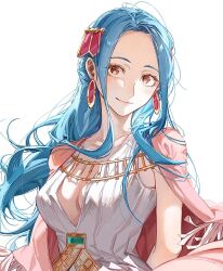 Rule 34 | 1girl, 2 blankk, blue hair, cape, closed mouth, commentary, dress, earrings, english commentary, hair ornament, highres, jewelry, long hair, looking at viewer, nefertari vivi, one piece, pink cape, sidelocks, simple background, sleeveless, sleeveless dress, smile, solo, white background