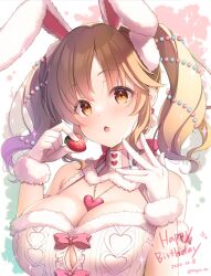Rule 34 | 1girl, animal ears, beads, blush, breasts, brown hair, cleavage, cleavage cutout, clothing cutout, dated, food, fruit, fur-trimmed gloves, fur trim, gloves, hair beads, hair ornament, happy birthday, heart, heart necklace, highres, idolmaster, idolmaster cinderella girls, jewelry, large breasts, looking at viewer, mizukoshi mayu, necklace, rabbit ears, sidelocks, solo, strawberry, totoki airi, twintails, twitter username, upper body, wavy hair, white gloves