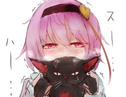 Rule 34 | 1girl, animal, black cat, blush, breath, cat, covered mouth, furrowed brow, hair between eyes, hair ornament, hairband, half-closed eyes, heart, heart hair ornament, highres, holding, holding animal, holding cat, kaenbyou rin, kaenbyou rin (cat), komeiji satori, looking at viewer, motion lines, nose blush, pink eyes, pink hair, raised eyebrows, safutsuguon, short hair, simple background, sketch, smelling, solo, sweat, third eye, touhou, trembling, upper body, whiskers, white background