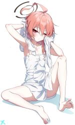 Rule 34 | 1girl, :/, absurdres, ahoge, armpits, bare arms, bare legs, barefoot, blue archive, blush, closed mouth, drying, drying body, drying hair, feet, flat chest, halo, highres, huge ahoge, knee up, looking at viewer, makicha (sasurainopink), naked towel, narrowed eyes, neru (blue archive), one eye closed, orange hair, red eyes, shadow, short hair, simple background, sitting, slit pupils, soles, solo, toes, towel, wet, white background