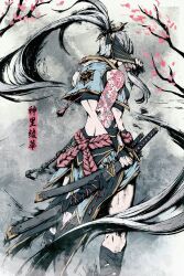 Rule 34 | 1girl, adapted costume, akramness, arm tattoo, ayaka (genshin impact), bare tree, blue skirt, cropped vest, folding fan, from behind, genshin impact, grey hair, grey theme, hand fan, highres, holding, holding fan, holding sword, holding weapon, katana, long hair, midriff, multiple swords, ponytail, sheath, sheathed, simple background, skirt, solo, sword, tattoo, translation request, tree, vambraces, very long hair, vest, weapon