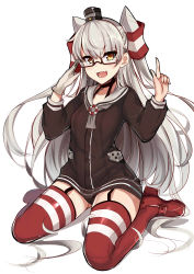 Rule 34 | 10s, 1girl, :d, absurdres, amatsukaze (kancolle), bespectacled, black panties, choker, garter straps, glasses, gloves, highres, index finger raised, kantai collection, long hair, looking at viewer, open mouth, panties, red-framed eyewear, red thighhighs, semi-rimless eyewear, silver hair, simple background, single glove, sitting, slm, smile, solo, striped clothes, striped thighhighs, thighhighs, under-rim eyewear, underwear, wariza, white background, yellow eyes