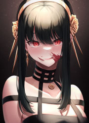 Rule 34 | 1girl, :q, bare shoulders, black dress, black hair, blood, blood on face, blush, breasts, cleavage, closed mouth, collarbone, dress, earrings, flower, gold hairband, hair flower, hair ornament, hairband, highres, jewelry, lancheu, large breasts, lipstick, looking at viewer, makeup, red eyes, rose, short hair with long locks, sidelocks, smile, solo, spy x family, tongue, tongue out, upper body, yellow flower, yellow hairband, yellow rose, yor briar