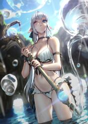 Rule 34 | 1girl, bikini, black choker, blue eyes, breasts, choker, commission, day, dutch angle, frilled bikini, frills, grey hair, highres, holding, holding staff, kionaoki, large breasts, long hair, navel, one eye closed, original, outdoors, pointy ears, solo, staff, standing, swimsuit, water, wet