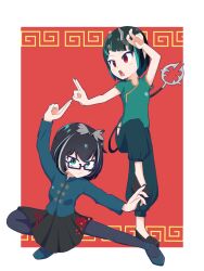 Rule 34 | 2girls, alternate costume, alternate hairstyle, arm up, black-framed eyewear, black footwear, black hair, black pantyhose, black skirt, blue footwear, blue hair, blue shirt, blush, bob cut, breasts, chinese clothes, closed mouth, commentary request, demon girl, demon horns, demon tail, fighting stance, flat chest, full body, glasses, grey hair, grey wings, head wings, highres, horns, looking afar, looking at viewer, meandros, multicolored hair, multiple girls, nanashi inc., open mouth, oura rukako, pantyhose, red background, red eyes, rokusuke nonaka, shirt, shishio chris, shoes, short hair, short sleeves, skirt, small breasts, squatting, standing, standing on one leg, streaked hair, tail, tangzhuang, two-tone hair, virtual youtuber, white background, wings