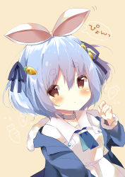 Rule 34 | 1girl, animal ears, blue hair, blue jacket, blue ribbon, blush, brown background, brown eyes, carrot hair ornament, closed mouth, commentary request, dress, food-themed hair ornament, fur-trimmed jacket, fur-trimmed sleeves, fur trim, grey choker, hair between eyes, hair ornament, hair ribbon, hamada pengin, hand up, highres, hololive, jacket, long sleeves, looking at viewer, rabbit ears, ribbon, short eyebrows, simple background, solo, thick eyebrows, translation request, two side up, upper body, usada pekora, usada pekora (casual), virtual youtuber, white dress
