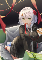 Rule 34 | 1girl, absurdres, alternate costume, barefoot, black jacket, black skirt, braid, breasts, collared shirt, commentary request, flower, food, genshin impact, gift, green eyes, grey hair, highres, holding, holding food, jacket, kneeling, looking at viewer, medium breasts, mouth hold, nanare qilin, necktie, noelle (genshin impact), pancake, plaid, plaid skirt, red flower, red ribbon, red rose, ribbon, ribbon in mouth, rose, school uniform, shirt, short hair, signature, skirt, solo, white shirt