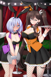 Rule 34 | 2girls, animal ears, black legwear, blue eyes, bow, bowtie, breasts, brown hair, casino, collar, commission, crown, crown hair ornament, death end re;quest, detached collar, dress, earrings, facing viewer, fishnet legwear, fishnets, frilled dress, frills, hair over one eye, hand on own hip, height difference, holding, holding tray, indoors, jewelry, large breasts, leaning forward, light purple hair, lily hopes, lindaroze, long hair, looking at viewer, medium breasts, medium hair, multiple girls, one eye closed, patreon username, purple eyes, rabbit ears, shina ninomiya, sleeveless, smile, tray, twintails, twitter username, watermark, web address, wrist cuffs