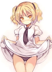 Rule 34 | 1girl, black panties, blonde hair, blush, closed mouth, clothes lift, cowboy shot, dress, dress lift, kurasuke, lifted by self, looking at viewer, nose blush, original, panties, puffy short sleeves, puffy sleeves, short hair, short sleeves, side-tie panties, solo, thigh gap, thighs, twintails, two side up, underwear, wavy hair, white dress, yellow eyes