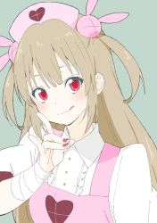 Rule 34 | 1girl, absurdres, apron, bad id, bad twitter id, bandages, blush, closed mouth, collared shirt, donguri suzume, fox shadow puppet, hair ornament, hat, heart, highres, licking lips, light brown hair, long hair, looking at viewer, natori sana, nurse cap, pink apron, pink hat, puffy short sleeves, puffy sleeves, rabbit hair ornament, red eyes, sana channel, shirt, short sleeves, smile, solo, tongue, tongue out, two side up, virtual youtuber