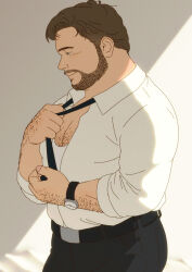 Rule 34 | 1boy, arm hair, bara, beard, black pants, blush, brown hair, chest hair, collared shirt, crack of light, facial hair, fat, fat man, from side, hairy, hand up, loose necktie, male focus, mature male, necktie, norijaga, old, old man, original, pants, partially unbuttoned, pectoral cleavage, pectorals, salaryman, shirt, short hair, smile, solo, sunlight, tank top, undressing, watch, white tank top, wristwatch