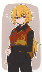 1girl adapted_costume alternate_costume alternate_hairstyle black_pants black_shirt blonde_hair border breasts closed_mouth collared_shirt cowboy_shot grey_background hair_between_eyes junko_(touhou) long_hair long_sleeves looking_afar low_ponytail medium_breasts notice_lines outside_border pants phoenix_print ponytail red_eyes red_vest shio_(futatsumami) shirt simple_background smile solo touhou vest white_border