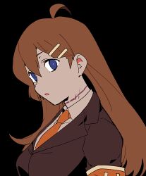 Rule 34 | 1girl, ahoge, armband, black background, blue eyes, breasts, bright pupils, brown hair, brown jacket, collared shirt, commentary request, hod (project moon), jacket, lobotomy corporation, long hair, medu (rubish), necktie, open mouth, orange necktie, project moon, scar, scar on neck, shirt, simple background, small breasts, solo, white pupils, white shirt