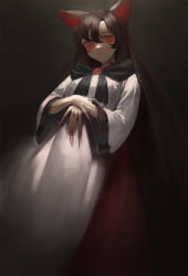 Rule 34 | 1girl, animal ears, brooch, brown hair, closed mouth, dress, feet out of frame, fingernails, grey background, imaizumi kagerou, jewelry, long fingernails, long hair, long sleeves, looking at viewer, ni (221), red eyes, sharp fingernails, solo, touhou, very long fingernails, white dress, wide sleeves, wolf ears