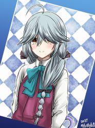 Rule 34 | 1girl, ahoge, argyle, argyle background, argyle clothes, artist name, black bow, black ribbon, blue bow, blue bowtie, blush, bow, bowtie, braid, check commentary, collared shirt, commentary request, dated, dress, eyes visible through hair, grey hair, h2 (h20000000), hair bow, hair over eyes, hair over shoulder, hair ribbon, hamanami (kancolle), highres, kantai collection, long hair, long sleeves, looking at viewer, outline, partial commentary, pleated dress, purple dress, revision, ribbon, school uniform, shirt, single braid, smile, solo, tress ribbon, umbrella, upper body, white outline, white shirt, yellow eyes