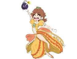 Rule 34 | 1girl, arm up, bob-omb, bomb, brown hair, crown, dress, earrings, explosive, flower earrings, frilled dress, frills, gem, gloves, happy, high heels, highres, jewelry, legs, mario (series), nintendo, open mouth, princess daisy, puffy short sleeves, puffy sleeves, short hair, short sleeves, smile, super mario bros. 1, super mario land, super smash bros., yellow dress