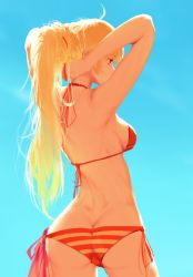 Rule 34 | 1girl, ahoge, arms up, ass, bare shoulders, bikini, blonde hair, blue sky, breasts, butt crack, commentary, cowboy shot, day, dishwasher1910, english commentary, from behind, highres, legs apart, long hair, medium breasts, outdoors, ponytail, red bikini, red eyes, rwby, side-tie bikini bottom, sky, solo, standing, striped bikini, striped clothes, swimsuit, wavy hair, yang xiao long